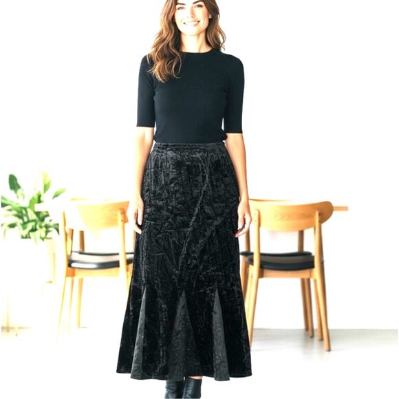 NY Collection Velvet Crinkle Midi Skirt SZ XL Black Godet w/ Sequins Goth Punk - Picture 1 of 8
